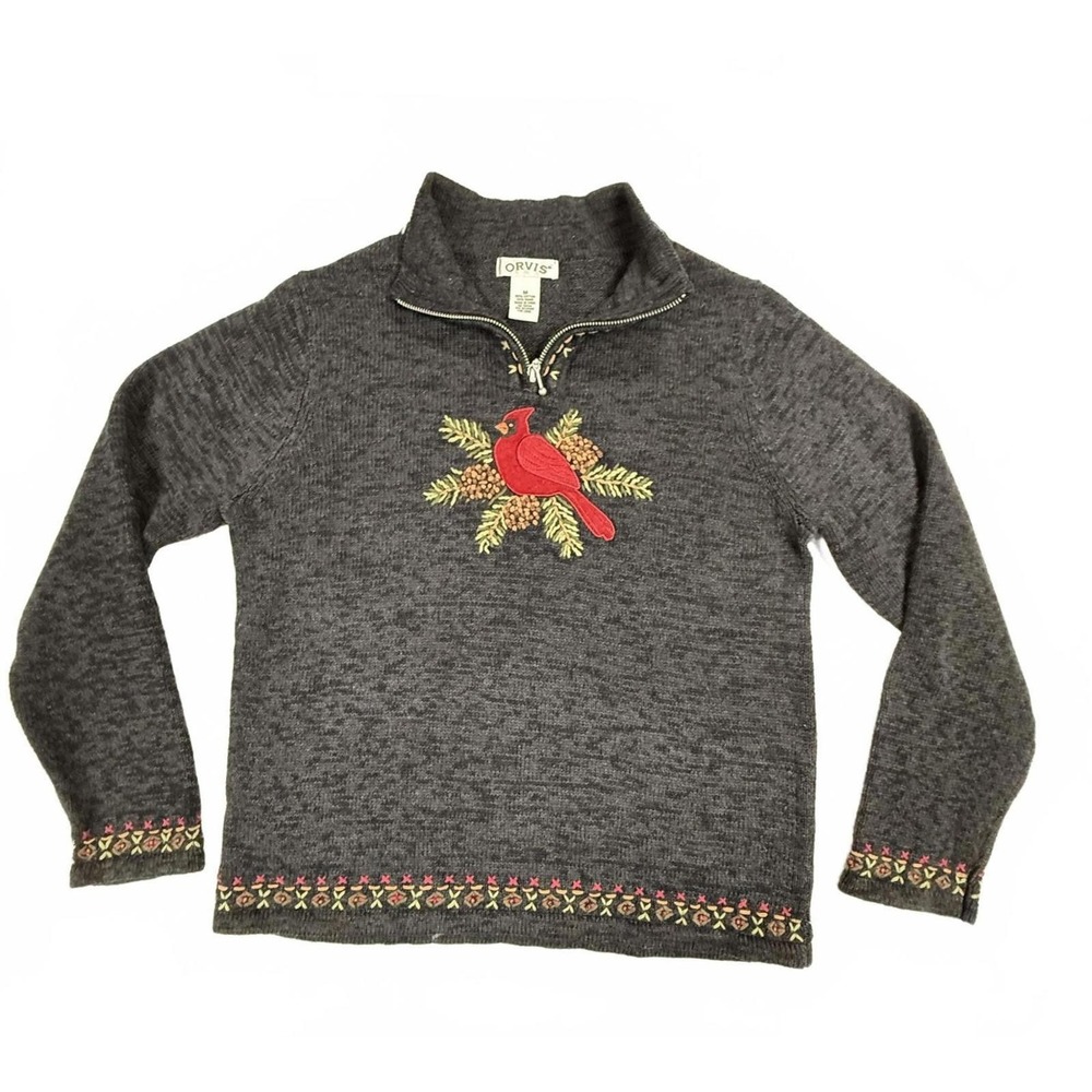 Women's Charcoal gray Orvis embroidered Cardinal Winter sweater sz M EUC